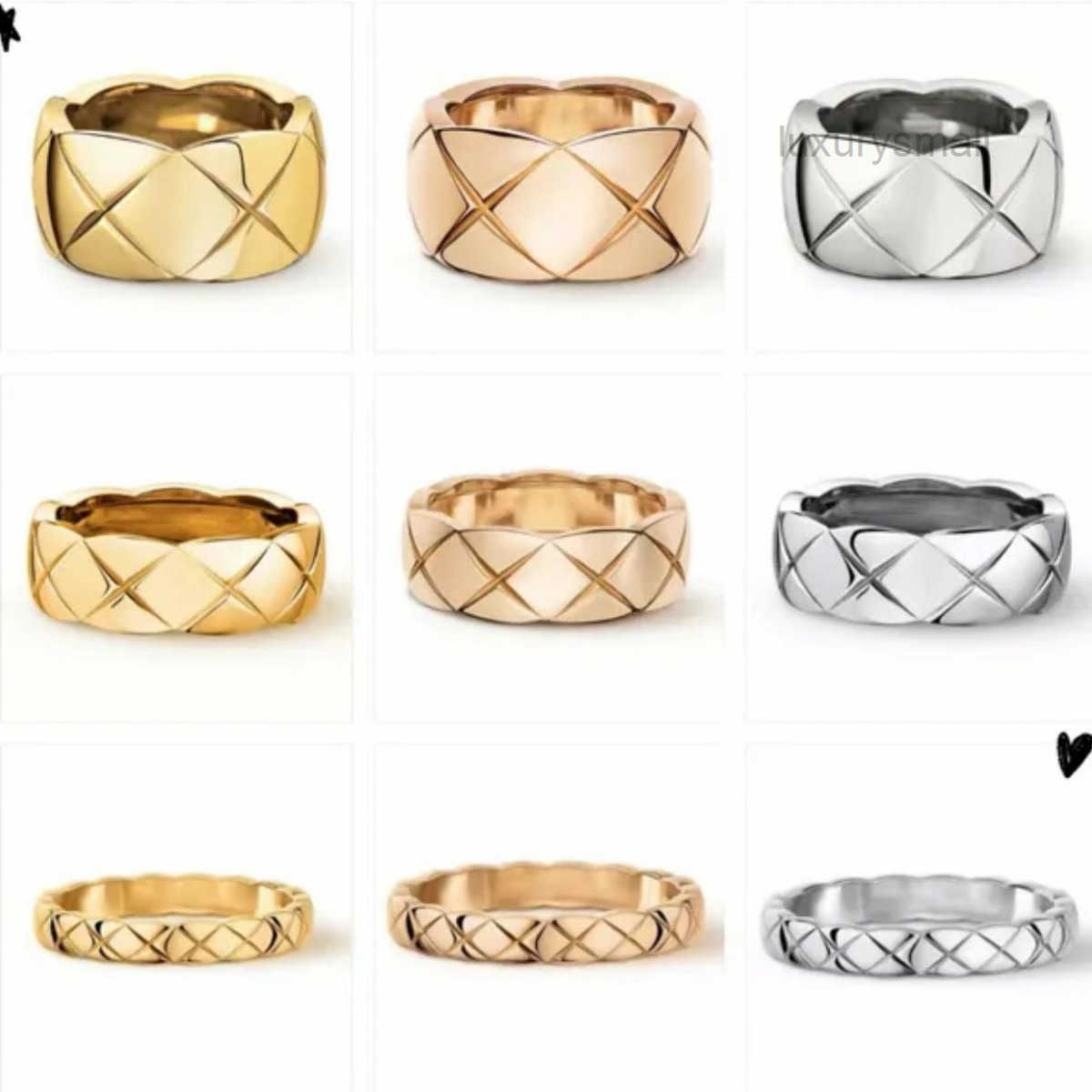 Designer C Width 4mm 6mm 10mm branded stamp High edition grid Ring 18K Gold Silver Rose Stainless Steel diamond thin wide Rings Women wedding Jewelr
