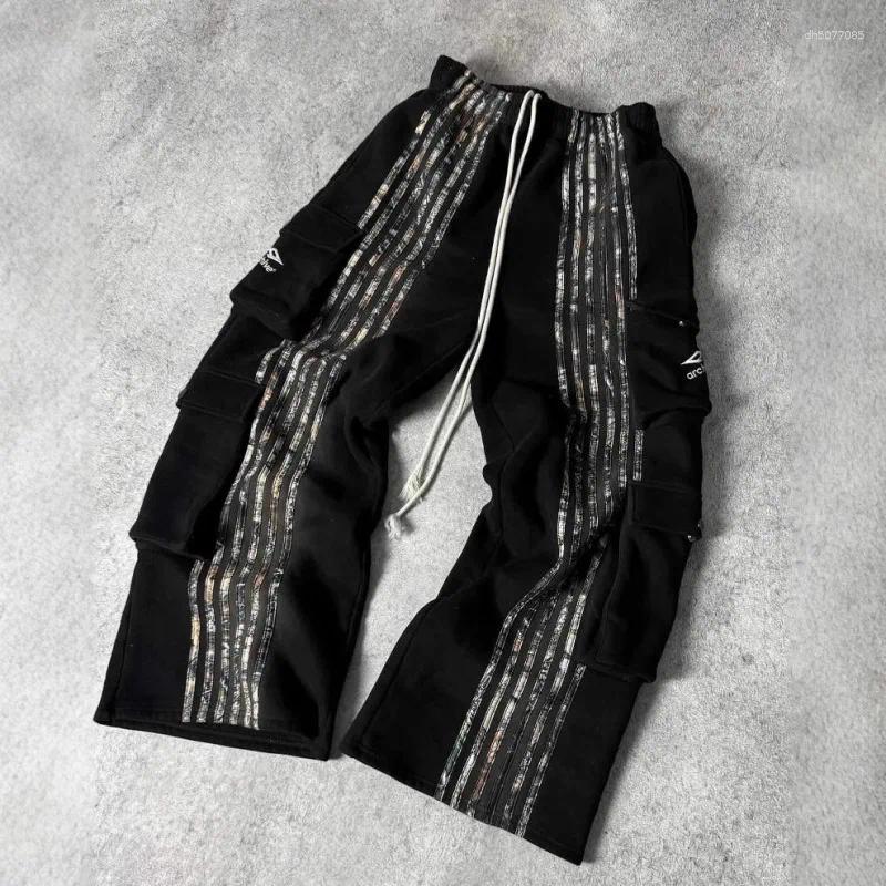 Men's Pants Simple Stripe Design Multi-pocket High-quality Stretch Low-rise Cargo Trousers Niche Hip-hop Street Wide-leg