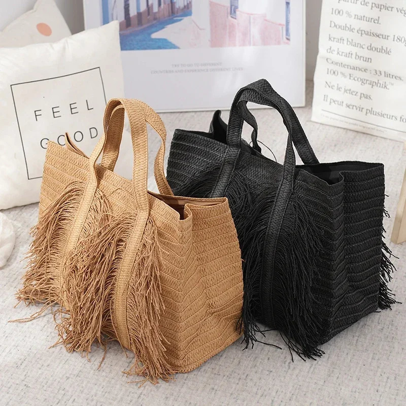 Women Woven Straw Tote Bag Large Capacity Handmade Raffia Beach with Tassel for Summer Vacation Travel Bohemian Style 260416BANJIA