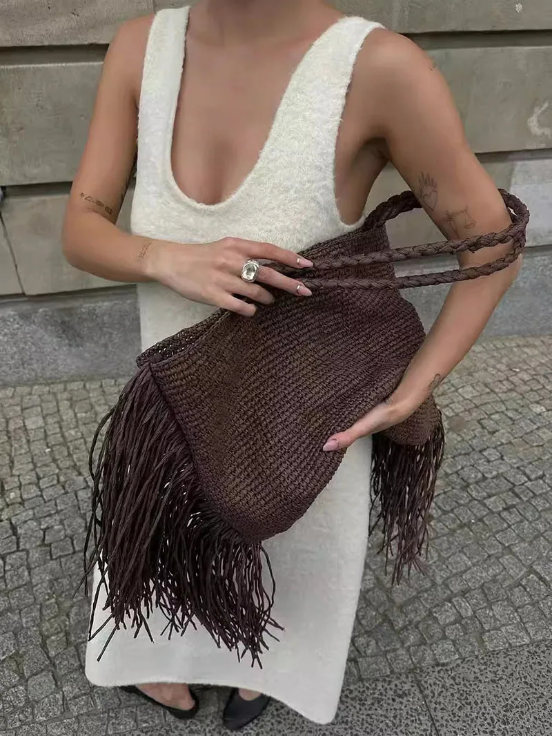 Handmade Fringe Lady Handbags Summer Beach Large Tote Bag Big Shopper Purse for Vacation Casual Tassel Woven Women Shoulder 260416BANJIA