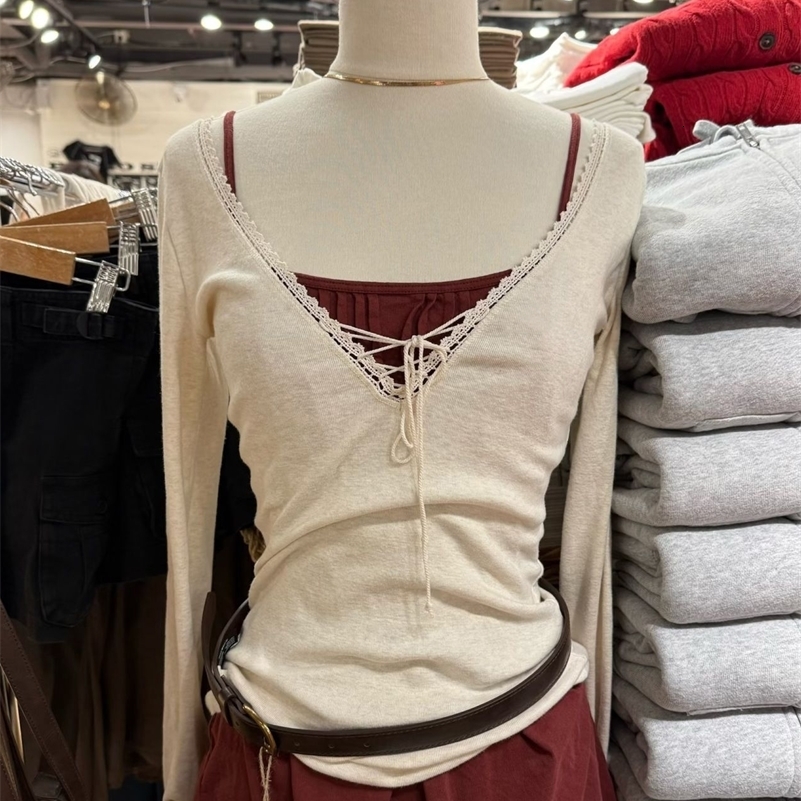Bandage Lace Trim Long Sleeve T-shirt Autumn Sexy V-neck Cotton Slim Tshirt Top Female Casual Simple Solid Elegant Womans Tees 260415BJ