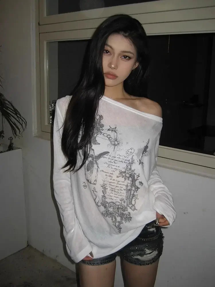 Deeptown Korean Fashion Vintage Graphic Tees Women Transparent Gothic T Shirt Long Sleeve Punk Y2k T-shirt Streetwear Loose Tops 260415BJ