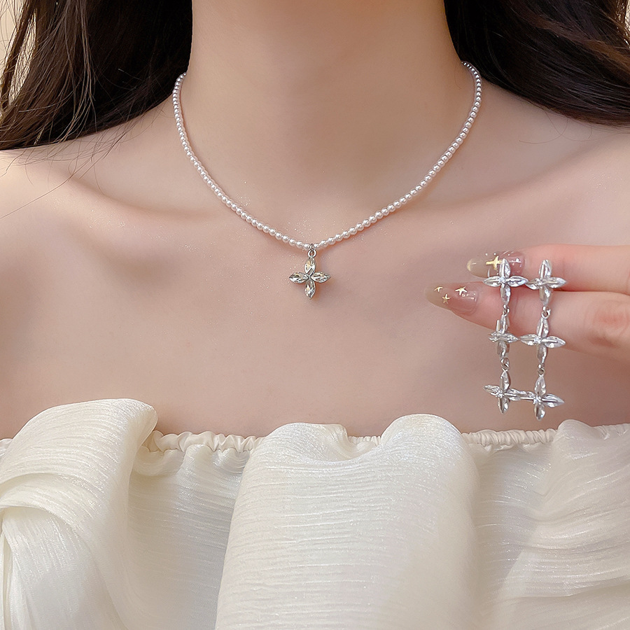 Delicate exquisite cross pearl earring and necklace set, niche fashion, elegant, light luxury, high-end jewelry wholesale-image-1101890155