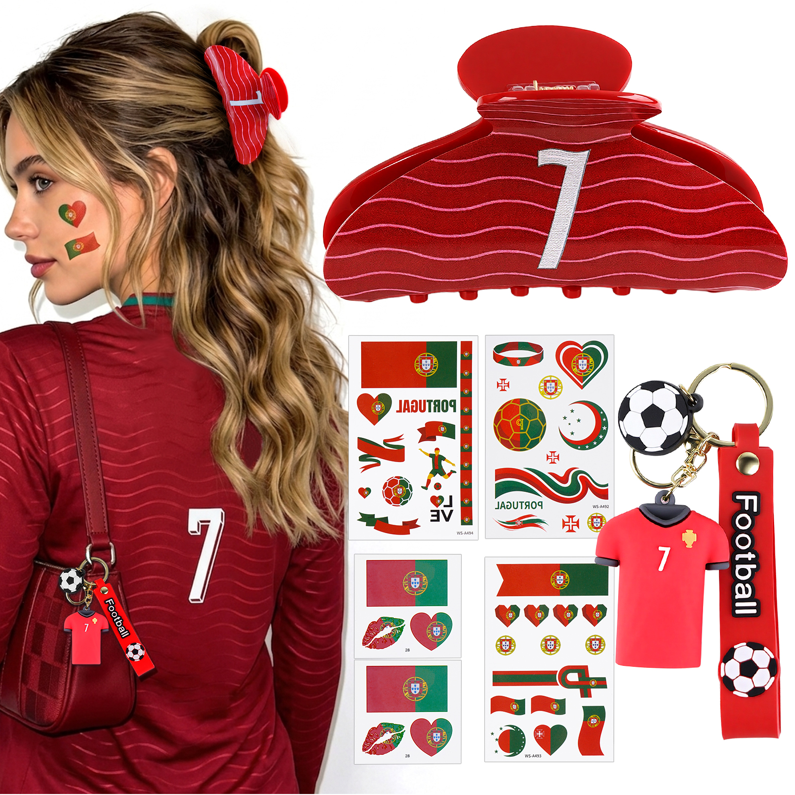 The Red Wave No.7 Hair Claw Clip, World Cup Jersey Keychain & Portugal Flag Tattoos, Soccer Fan Accessories for Girls, World Cup Party Favors & G-image-1101951916