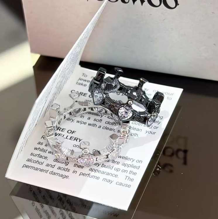 Women Saturn Castle Ring Luxury Designer Saturn Love Heart Crown Ring Couple Matching Rings Silver Black Dual Tone Heart Diamond Ring Y2K Punk Je-image-1101977896