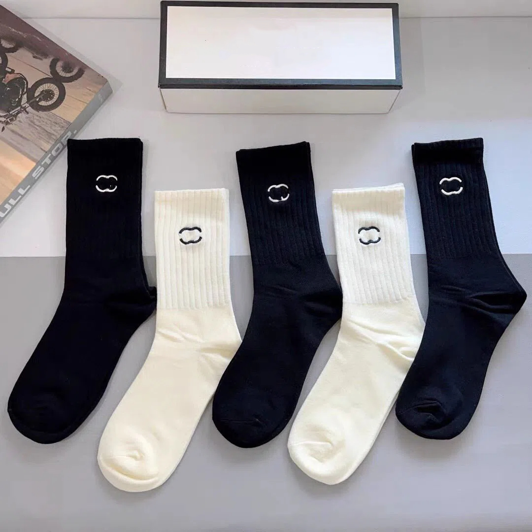 Boxed Socks Designer Womens 5 Pairs Luxury Middle Socks Embroidered Breathable Sweat Absorbent Solid Color Cotton Hosiery $15