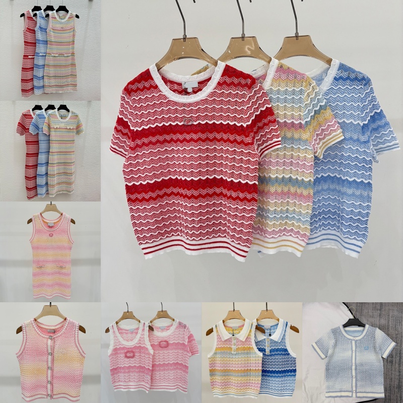 Tops tricotés multicolores pour femmes Designer Slim Fit Robes tricotées Style Boho T-shirts rayés Été Quotidien Vacances Tricots
