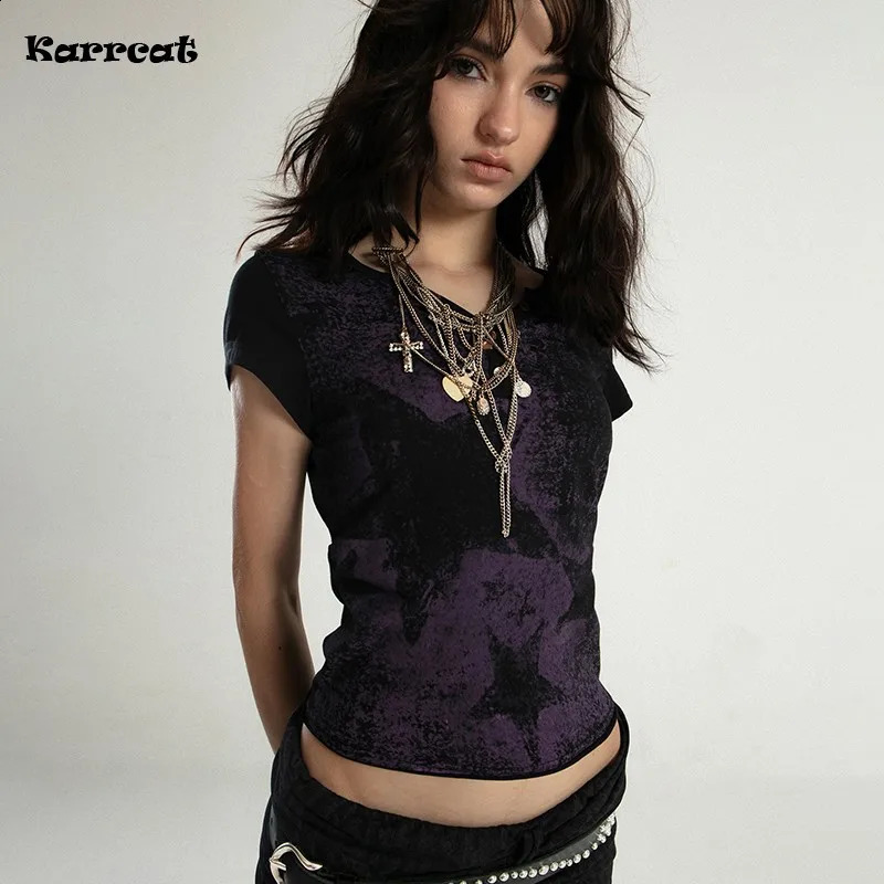 Karrcat Trashy Y2k Crop Top Grunge Aesthetics Star Print T-shirt Vintage Distressed Short Sleeve T Shirts Punk Gothic Streetwear 260415BJ