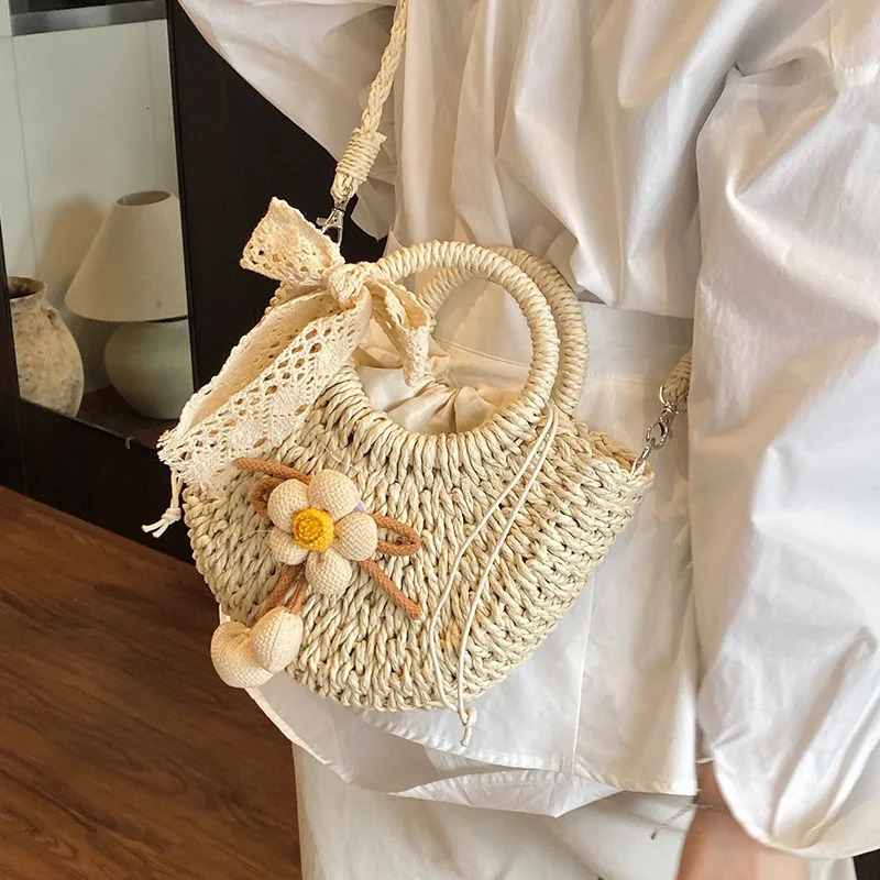 Womens Fashion Handwoven Straw Bucket Bag Summer Beach Vacation Shoulder Casual Allmatch Crossbody Handbag 260416BANJIA