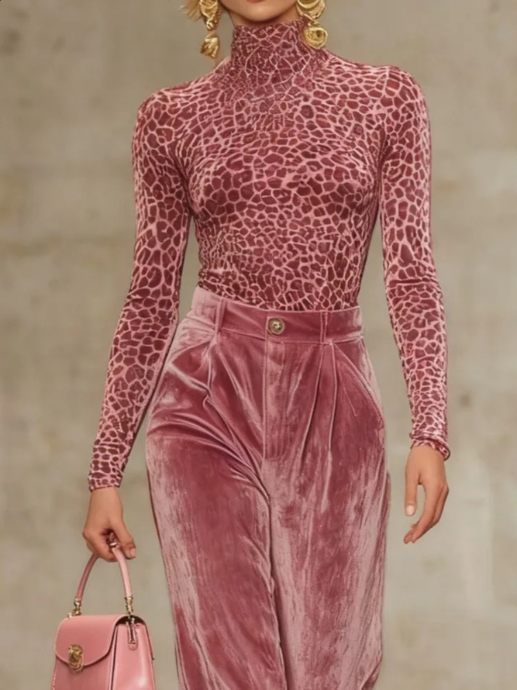 Bonboho Pink Leopard Print Turtleneck Top for Women Spring Summer Slim Fit Bodycon Blouse Casual Office Wear Elegant Streetwears 260415BJ