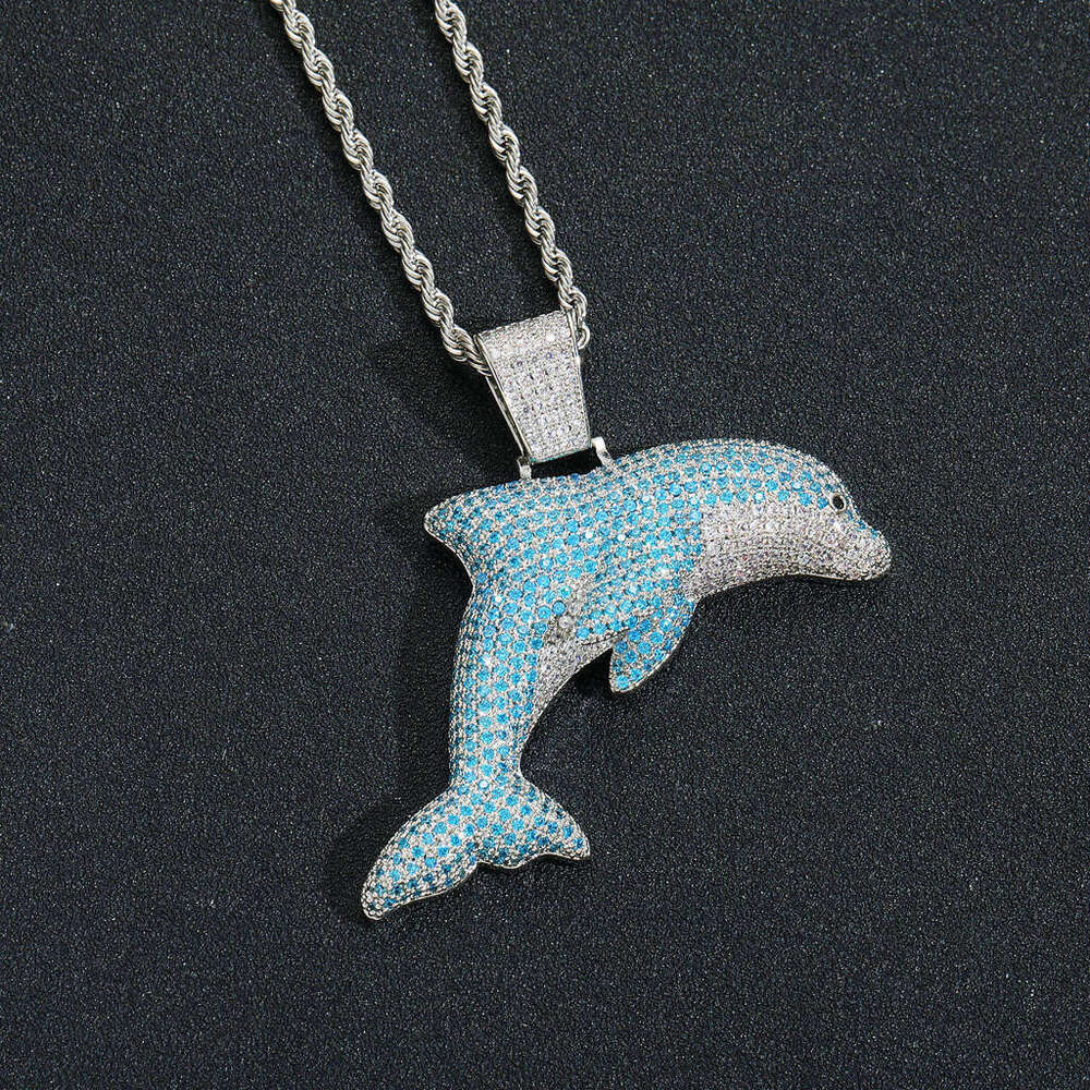 Luxury Jewelry Dolphin Pendant Hip Hop Cartoon Micro Inlaid Moissanite Creative Trendy Cool Necklace Men and Women Available for Dropshipping