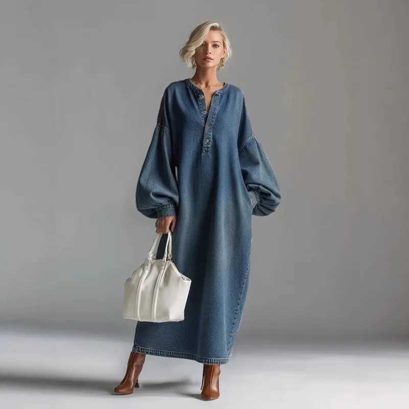 Vintage Washed Denim Kaftan Dress Women Oversized Long Slve Button Down Loose Maxi Dress for Casual Daily and Vacation Outfits L260416