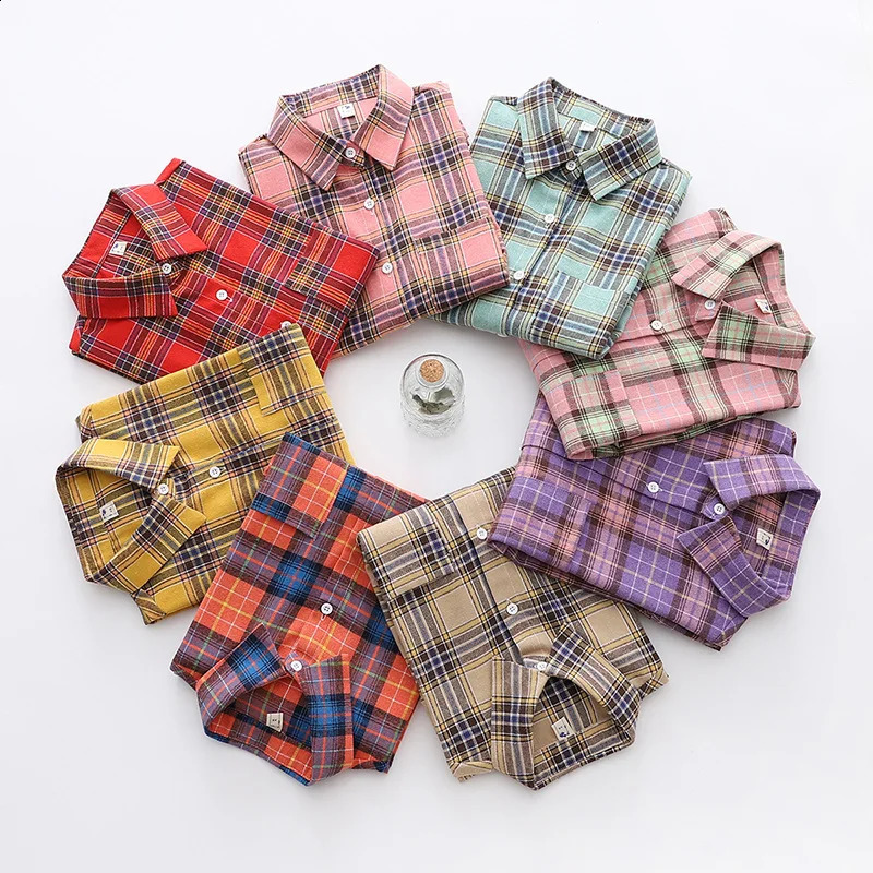 Womens Flannel Plaid Shirts 2025 Ladies Tops Exquisite Style Loose Blouses Casual Cotton Long Sleeve Blouse 260401
