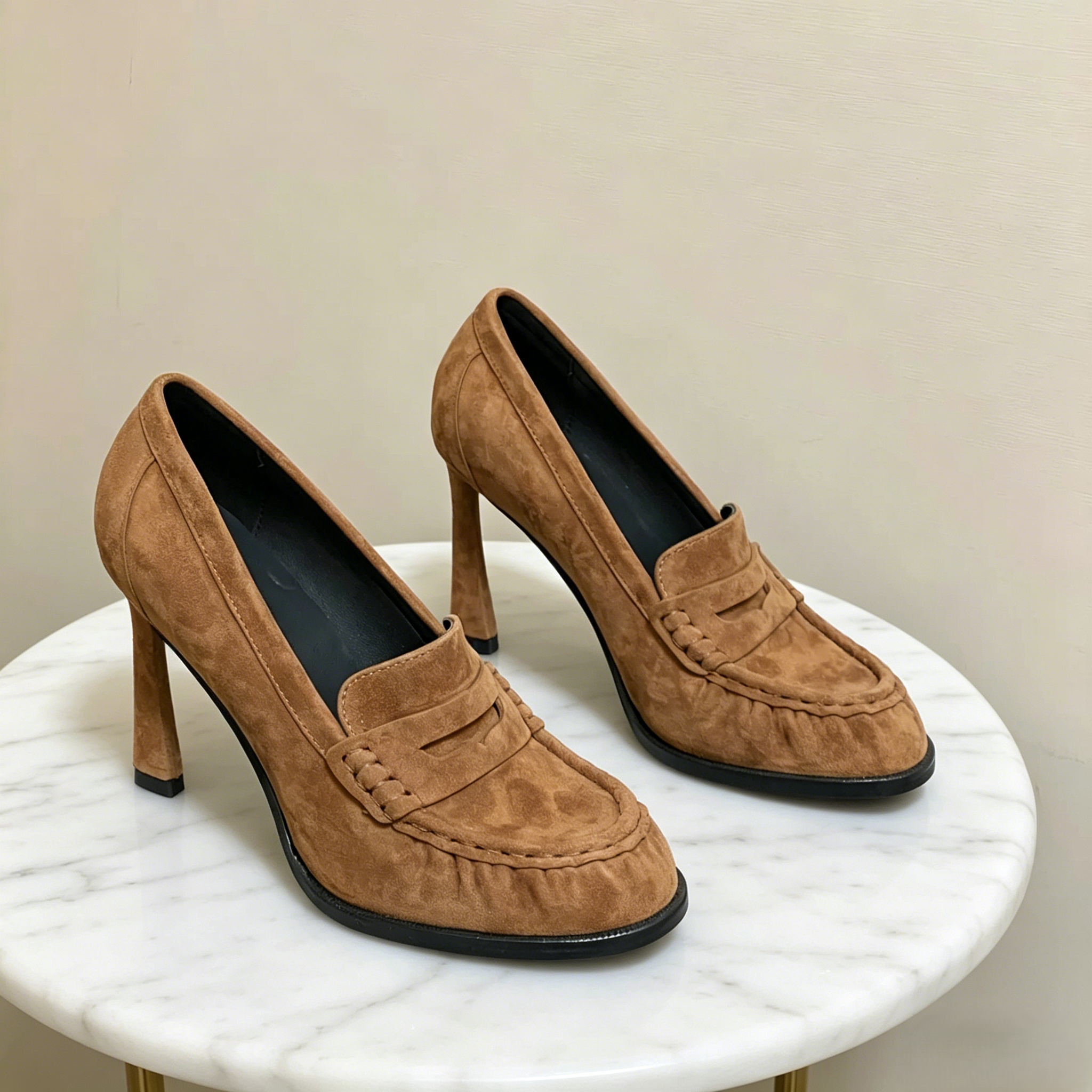 LE LOAFER Leather Loafer Pumps Luxury designer women slip on round toe high heel shoes Fashion ladies suede stiletto heel dress shoes Leather Sole F