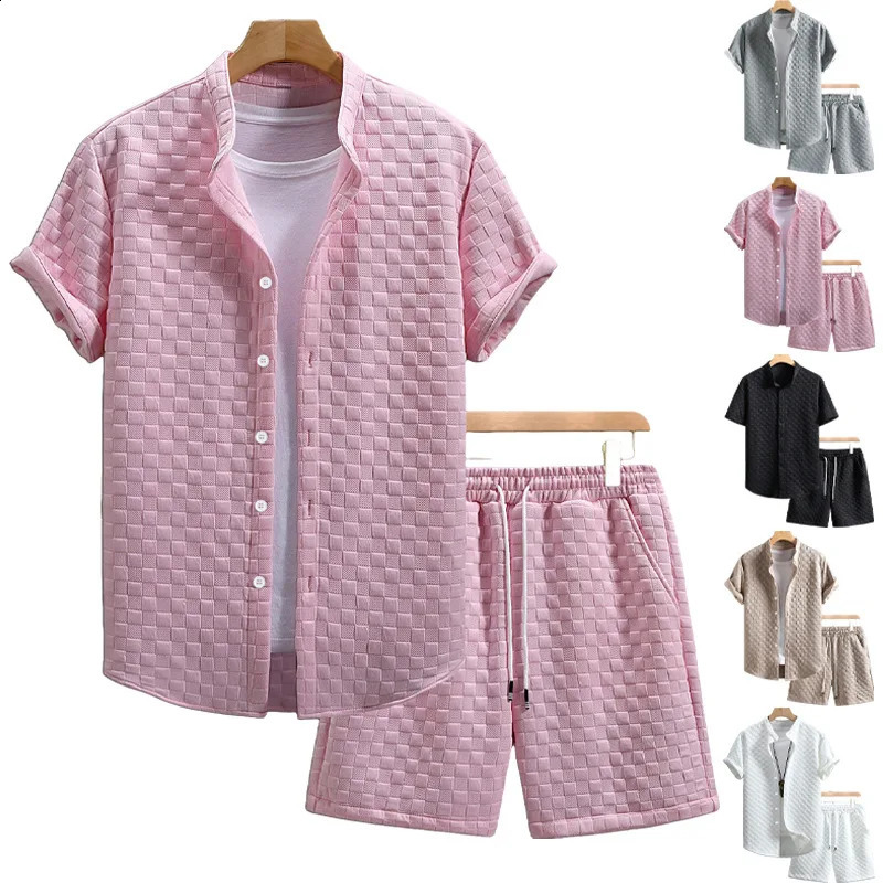 Men Tracksuit Vintage Mens Plaid Jacquard Two Piece Sets Summer Fashionable Short Sleeve Button Up swear set Shirts And Bottoms Suits Men Casual Out