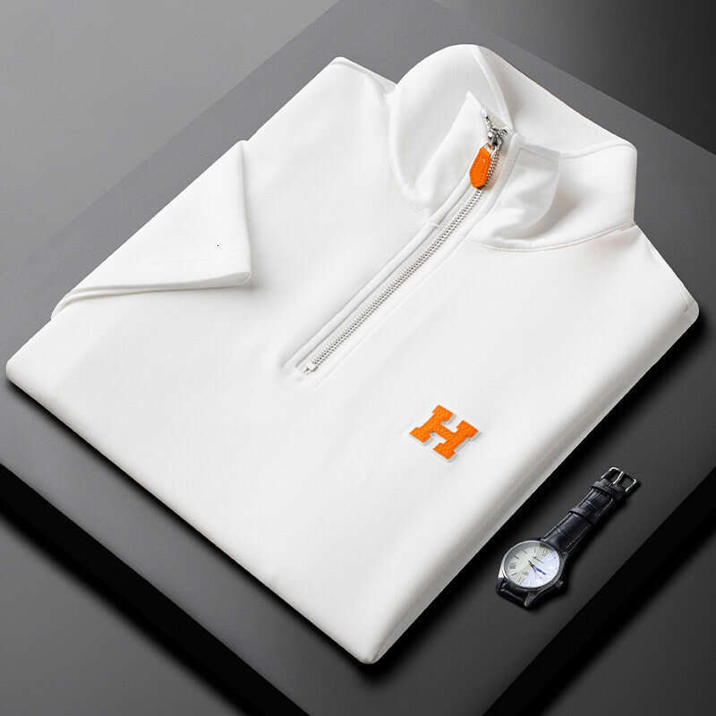 White Half-Zip Stand-Up Collar T-Shirt Letter And Leather Accents Men, New Summer Short-Sleeve With High-End Fashion Top, For