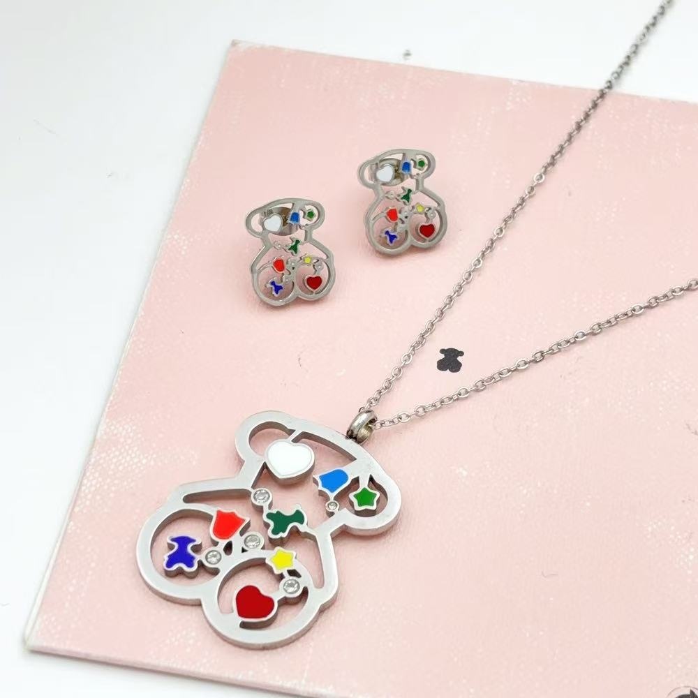 New Fashion Women Girls Silver Gold Stainless Steel Span Bear Cartoon Animal White Black Drop Oil Bead Pendant Earrings Jewelry A Gift-image-1101977324