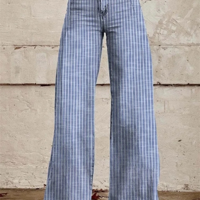 Womens High Rise Jeans Retro Classic Striped Print Wide Leg Denim Pants Boyfriend Jeans with Pockets 251018BJ