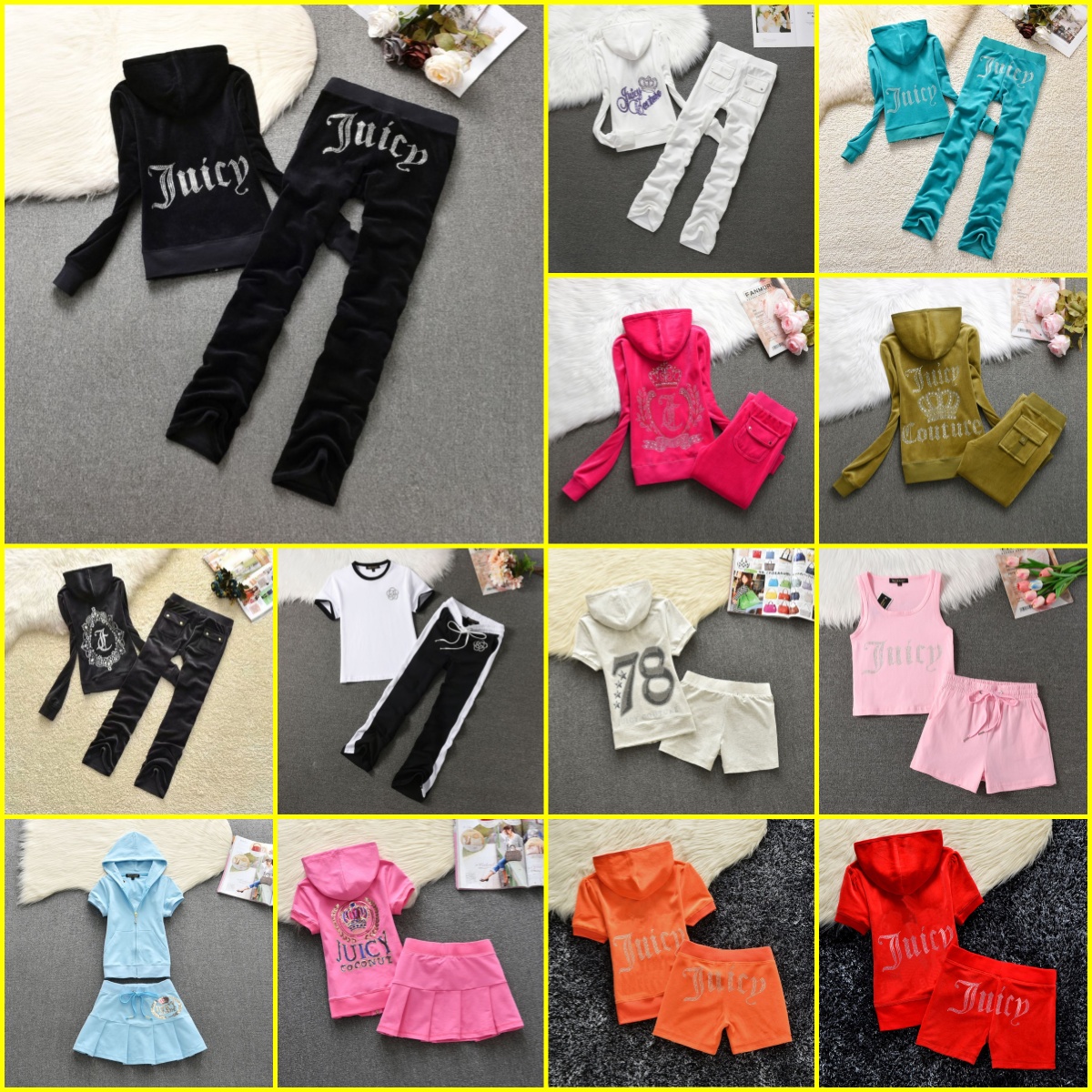 Juicy Womens Tracksuit Designer Couture Inspired Rhinestone Letter Print Velour Tracksuit 2 Piece Hoodie Pants,Shorts,Pleated Skirt Set Y2K Casual S