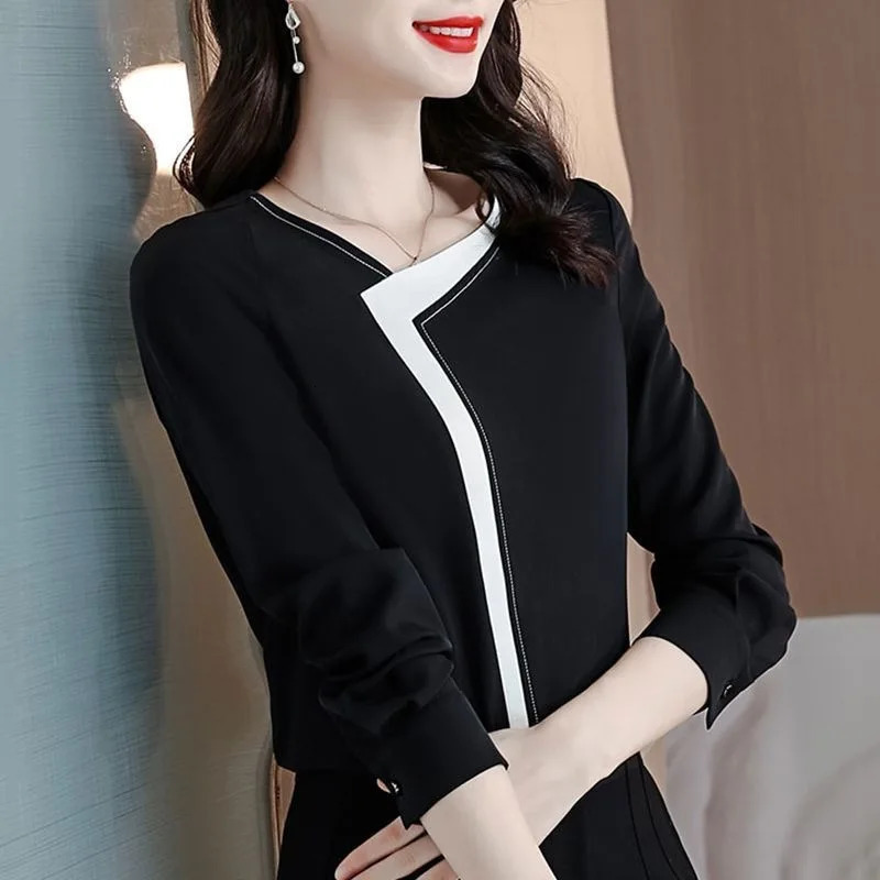 Anti-Wrinkle Womens Shirt n Loose Long Sleeve Fashionable Spring Autumn Chiffon Top V-Neck Polyester Fabric Elegant Lad 260416BJ