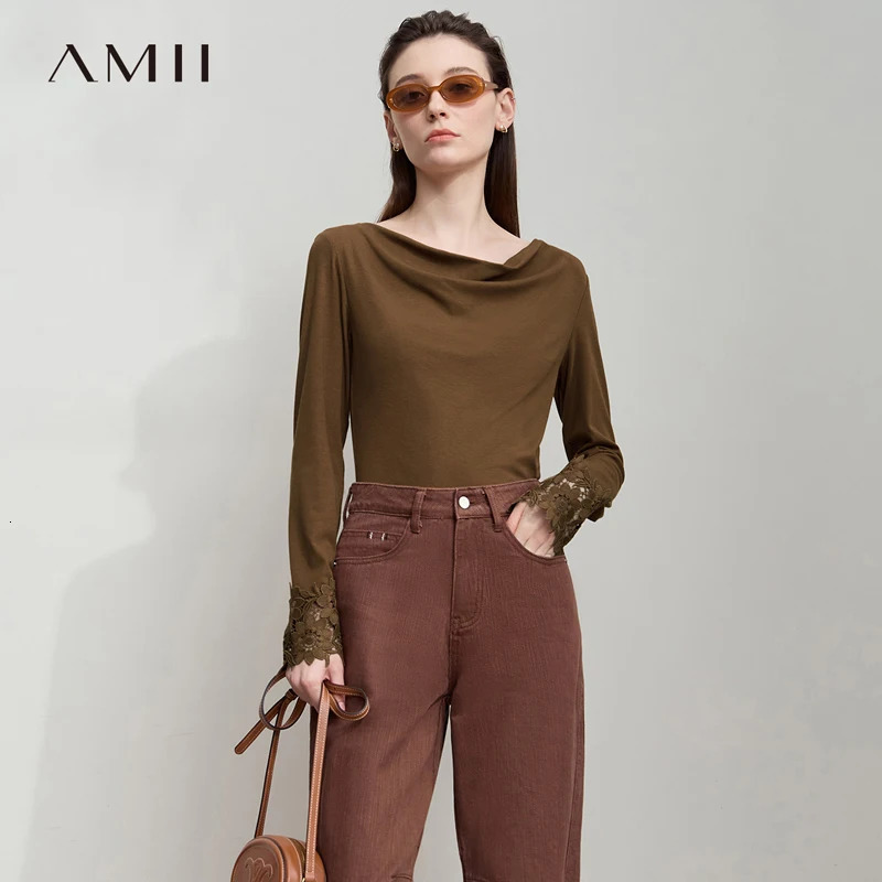 AMII Minimalist Womens Long Sleeve T-Shirt 2025 Autumn Simple Solid Asymmetric Drape Neck Lace Cuffs Tops Casual Tees 12543076 260416BJ
