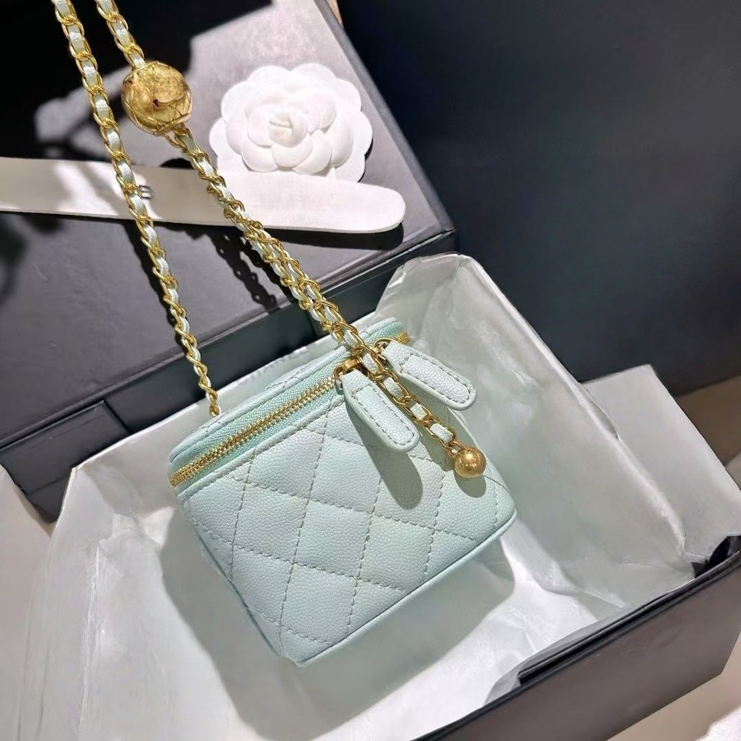 Fashion designer mini makeup caviar and sheepskin vanity box with adjustable golden ball chain crossbody bag