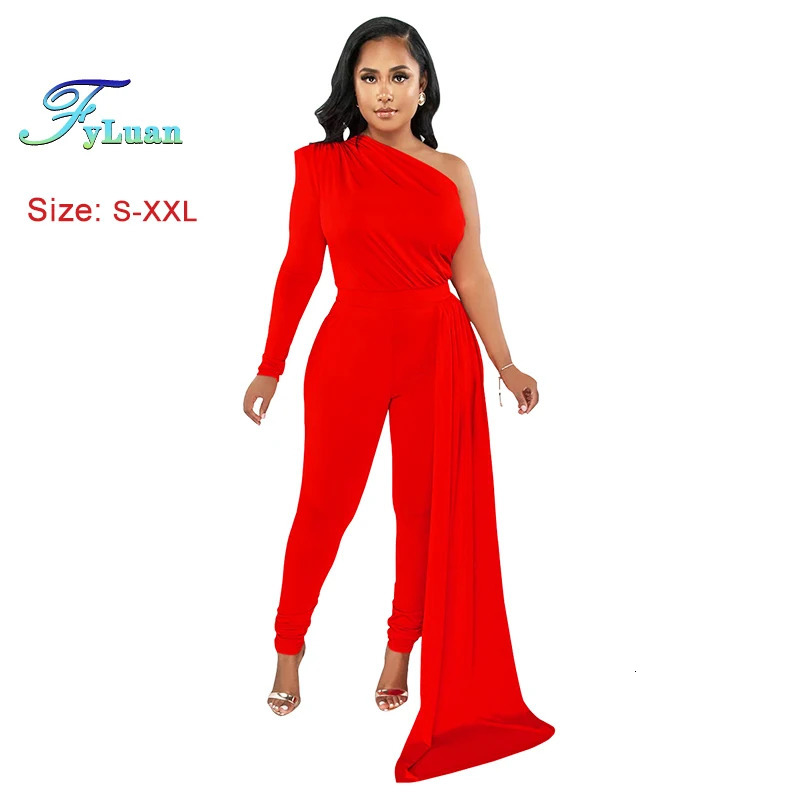 Solid Color Women One Shoulder One Long Sleeve Ruffles Side Splicing High Waist Jumpsuit Women Prom Party One Piece Set Outfits 260416BJ
