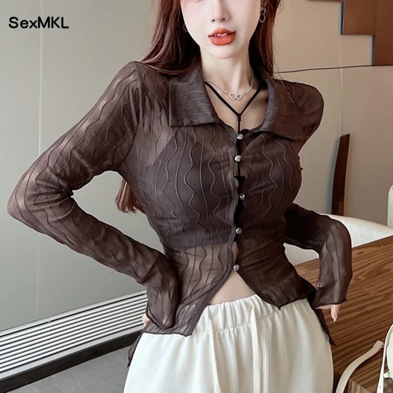 Sexy Streetwear White Shirts Women 2025 Summer Fashion Long Sleeve Black Blusa Feminina Korean Vintage See Through Tops Blouses 260416BJ