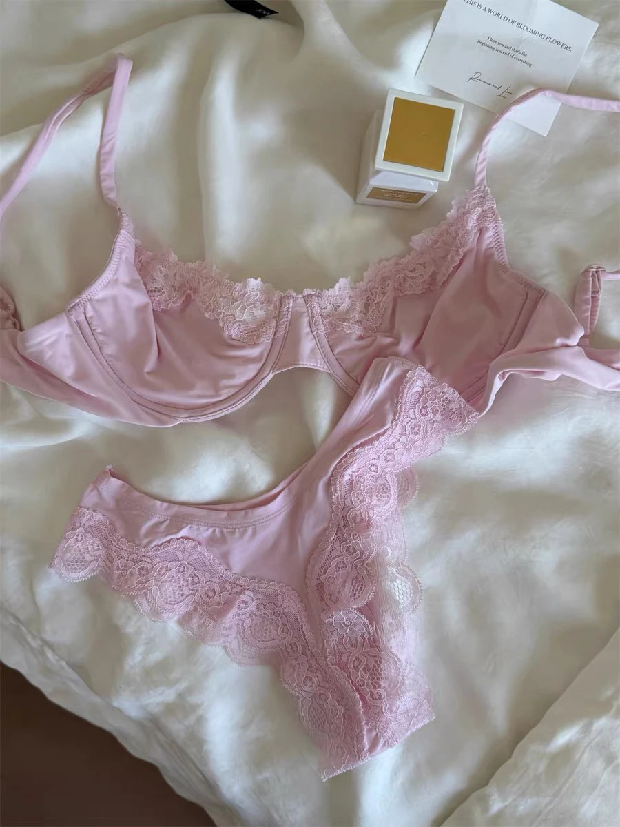Lace Bra Set Women Thin Transparent Mesh With Steel Ring BrasLow Waist Panties Female Pink Sweet Bra Sets Underwear 2026 260414BJ
