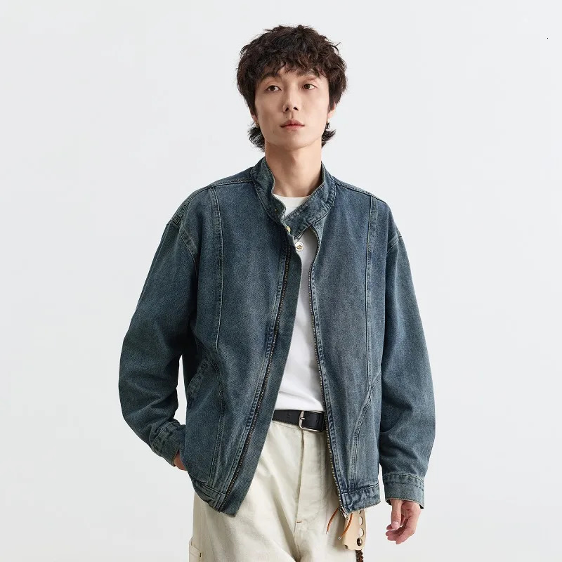 American Style Trendy Washed Zipper Stand Collar Denim Mens Jacket Unisex Ins Trend Versatile Loose Vintage Coat 260416BJ