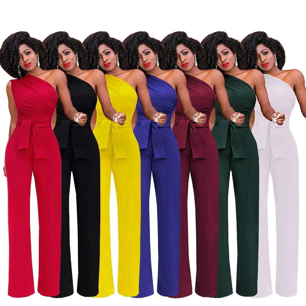 Womens Jumpsuit Solid Skew Collar Crop Top Straight Pants Belt Sexy Sleeveless Loose Pants Elegant Charming Playsuits 260416BJ