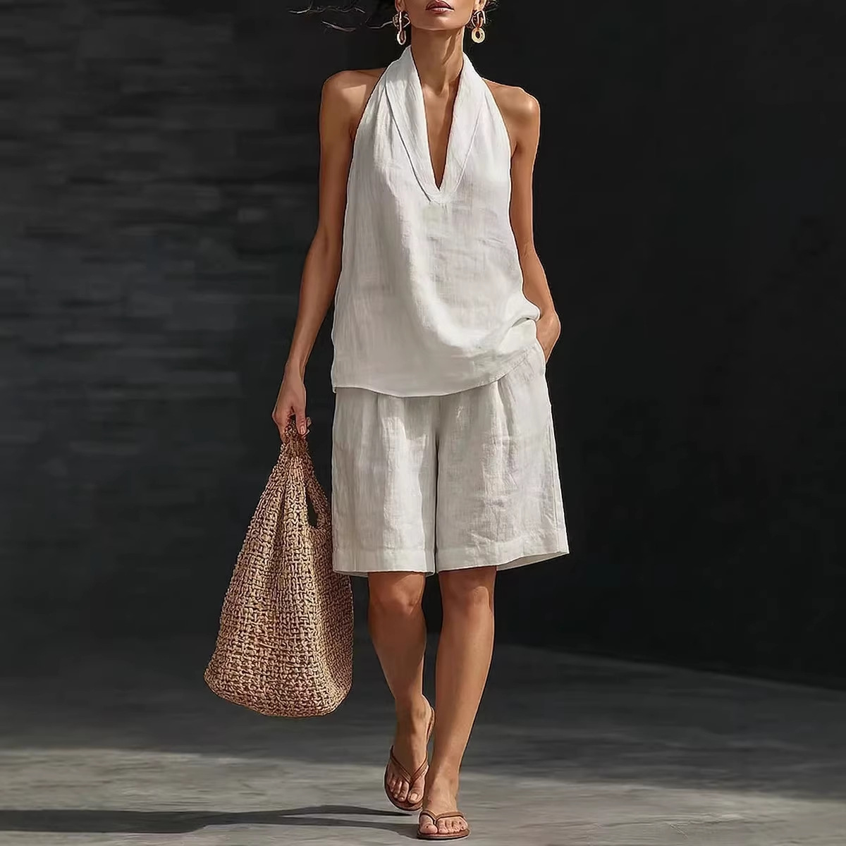 Summer Breathable Cotton Linen Vest Shorts Set for Women Loose Casual Style-image-1102110308