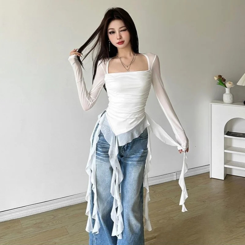 Ruffle Long Sleeve Sexy T-Shirts Fashion Women Y2K Irregular Asymmetrical Korean Crop Tops Casual Sheer Mesh Autumn Chic Tees 260416BJ