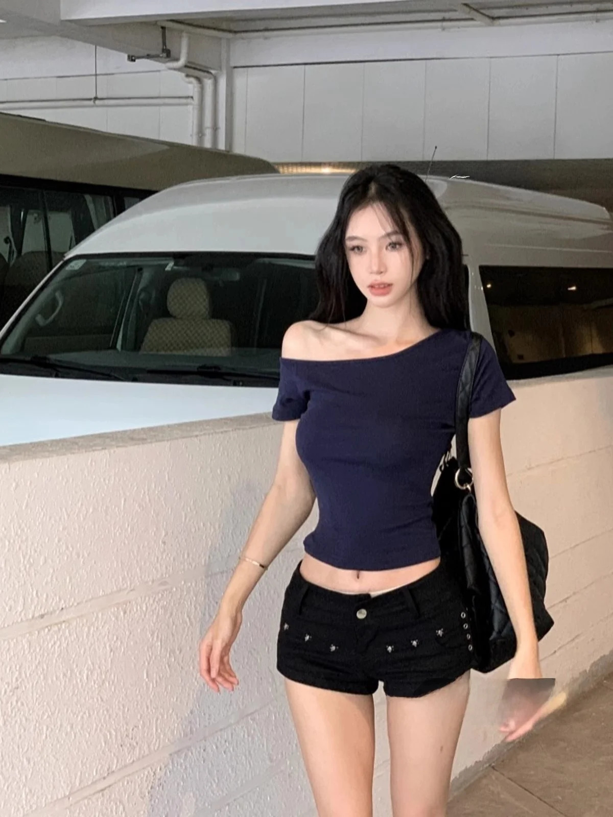 Deep Blue Asymmetric Shoulder Short Sleeve T-Shirt Womens Summer Short Crop Top Spicy Girl Fashion Korean Style Slim Fit 260416BJ