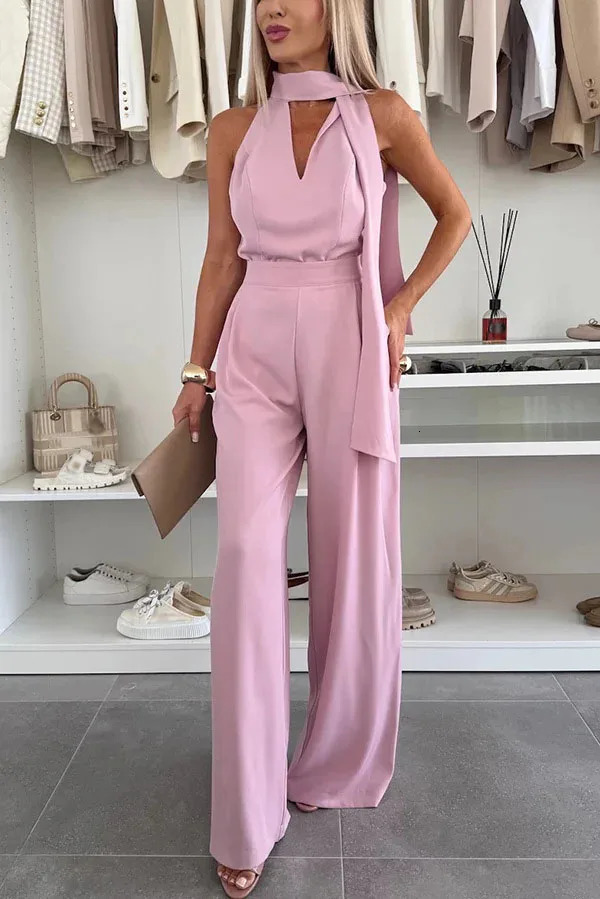 Elegant Office Lady Jumpsuits Spring Summer Fashion Slim V-neck Tie High Waist Sleeveless Solid Color Wide Leg Jumpsuits Women 260416BJ
