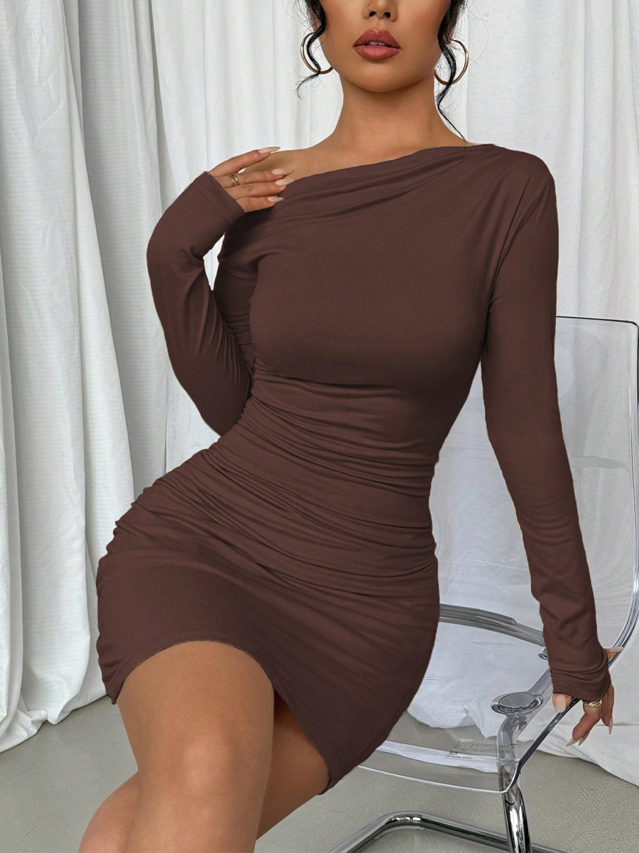 Solid Ruched Bodycon Dress Women Diagonal Collar Mini Dresses Spring Summer European and American Style Party