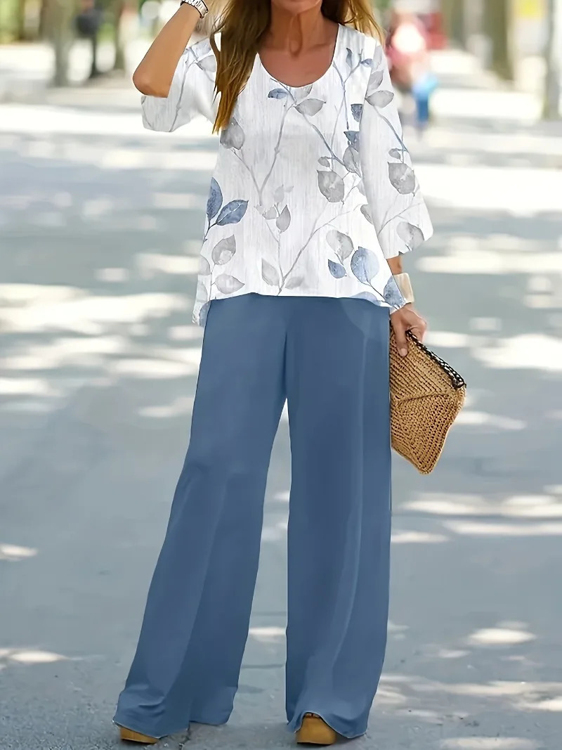 Women Casual Plus Size 1XL5XL Outfits Set Floral Print Long Sleeve Round Neck Top Pants Two Piece 260413