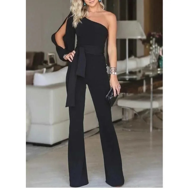 womens single shoulder high waistband solid color slim fit sexy jumpsuit fashionable and versatile 260416BJ