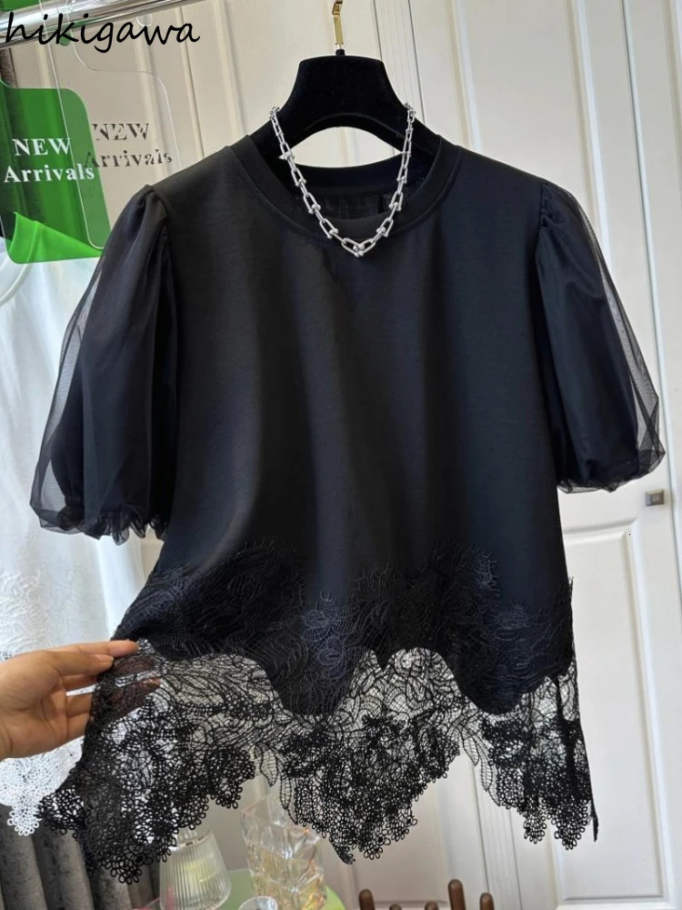 White Woman T Shirts Fashion Irregular Tees Oversized Tops O-neck Short Sleeve Patchwork Lace T-shirt Summer Korean Camisetas 260416BJ