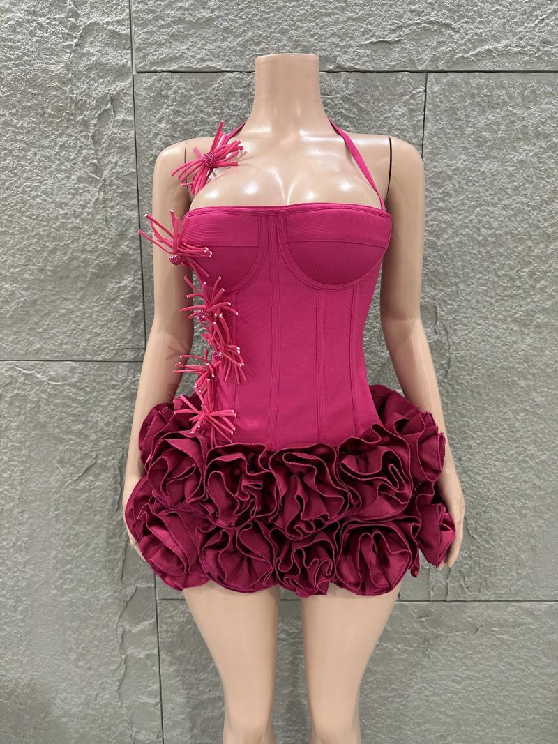 Casual Dresses White Red Rose Color Women Sexy Strapless Full Florla Bodycon Mini Bandage Dress 2 Pieces Set Celebrate Nightclub Party