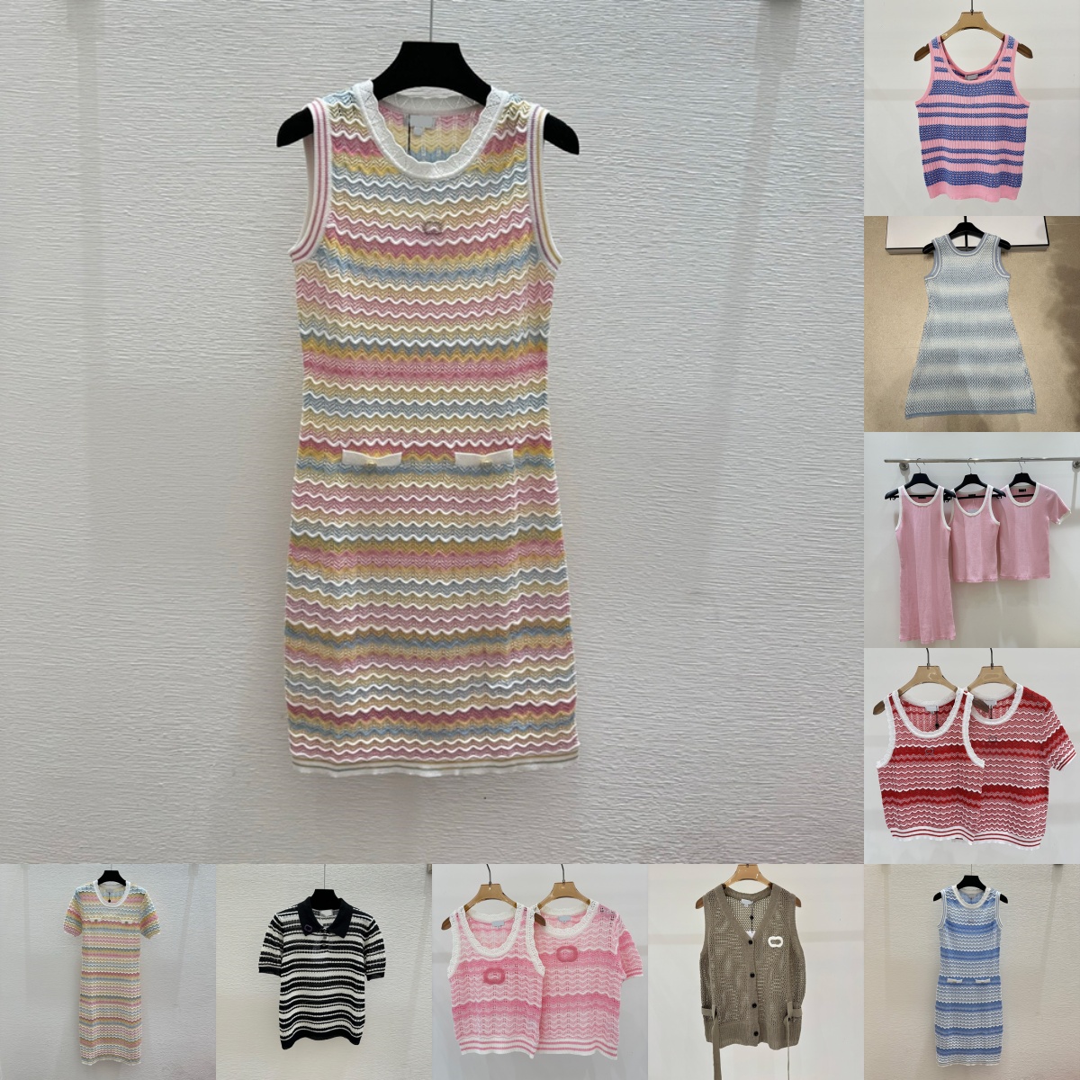 Brand Women Elegant Long Dress Multicolored Vintage Knitted Pencil Dresses Summer Vacation Party Beach Vests Designer Classic Versatile Tops