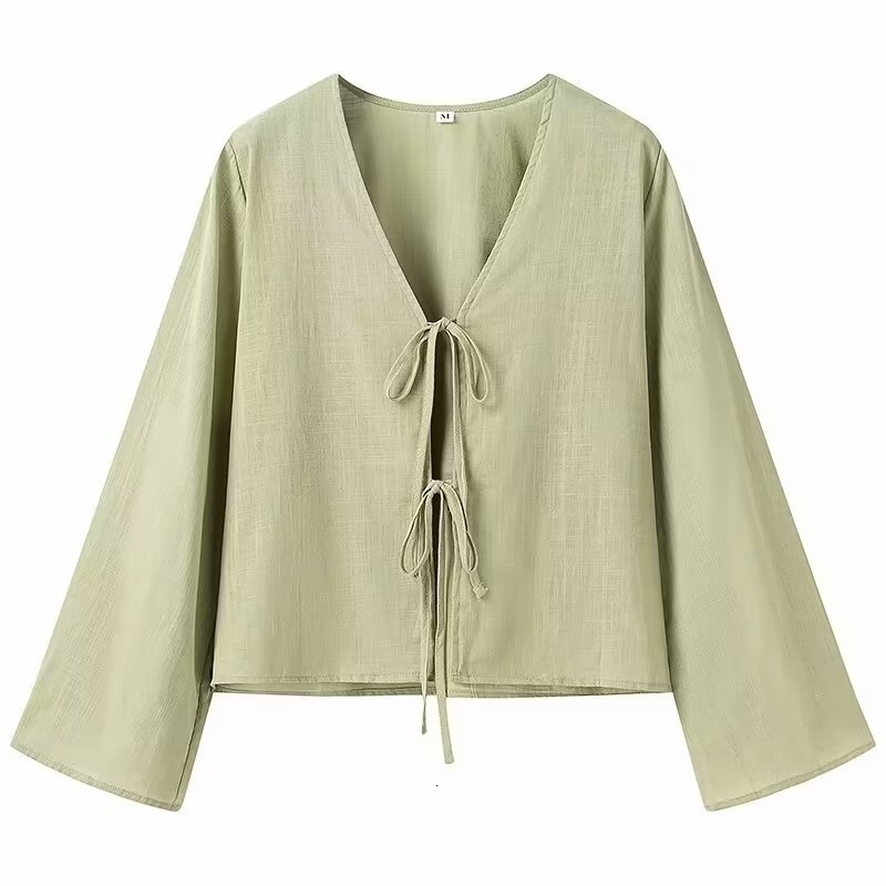 Street Lace Up Shirts Women Sexy Hollow Out V Neck Long Sleeve Femlae T-shirt Summer Fashion Solid Cotton Vacation Lady Top 260416BJ