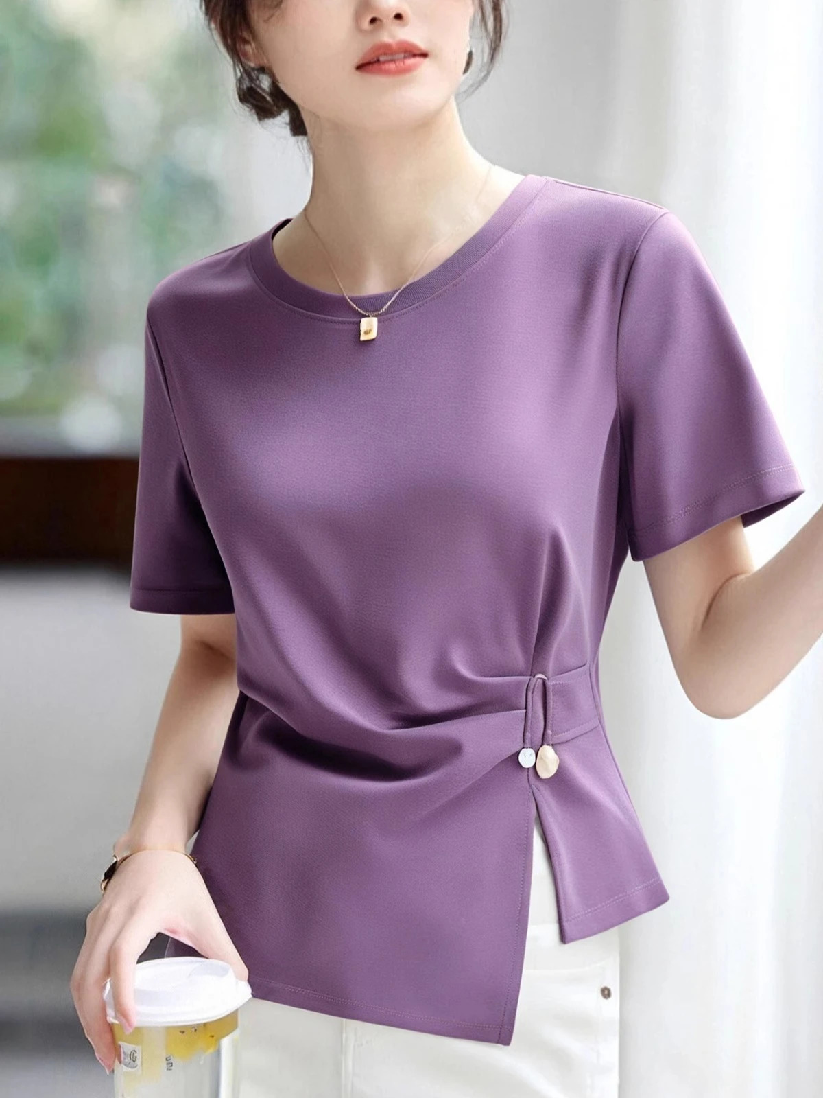 Womens Crew Neck Short Sleeve T-Shirt Tie Waist Asymmetric Hem Slim Fit Tops 2025 Summer Fashion Oversized T Shirt 260416BJ