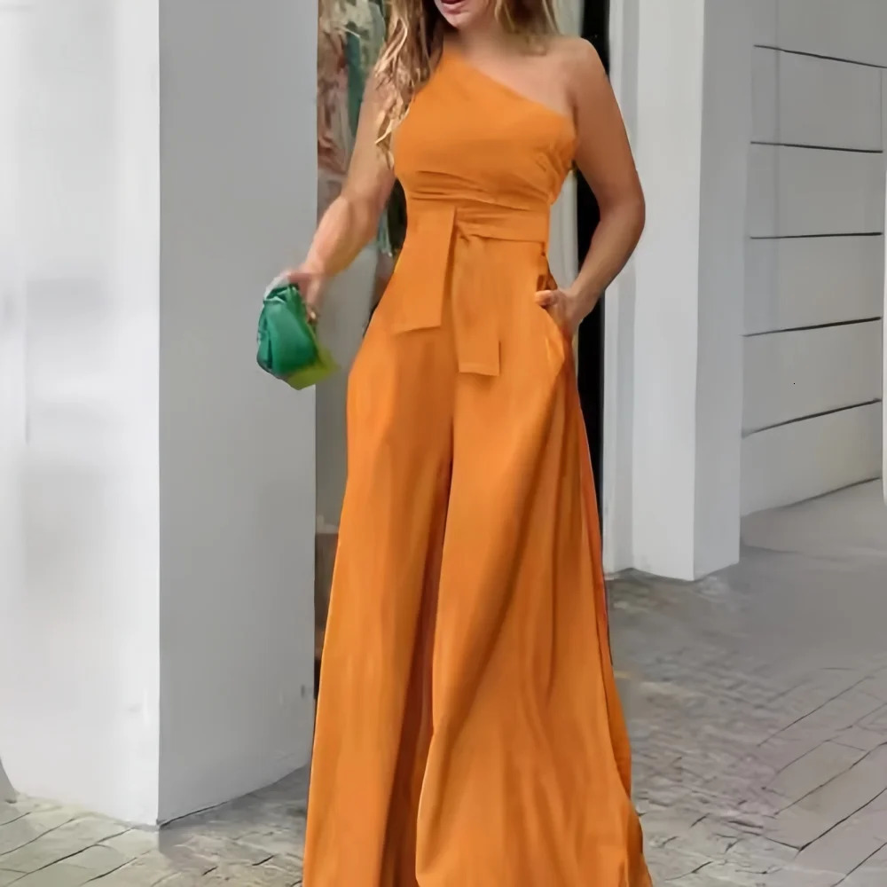 Womens Clothes Jumpsuit Solid Color Lace-up Irregular Off-The-Shoulder Casual High Waist Wide Leg Casual Ladies Jumpsuit 260416BJ