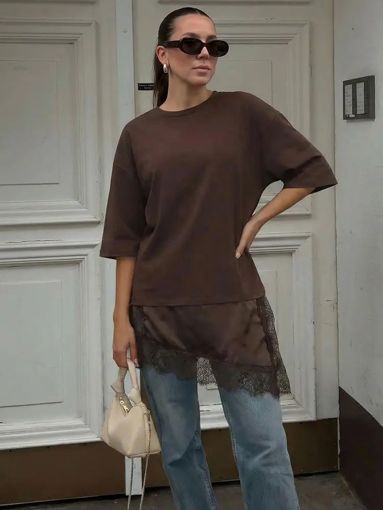 HH Women Vintage Solid Lace Patchwork T-Shirts Asymmetrical Hem O Neck Short Sleeve Shirt 2026 Trend High Street Lady Chic TEES 260416BJ