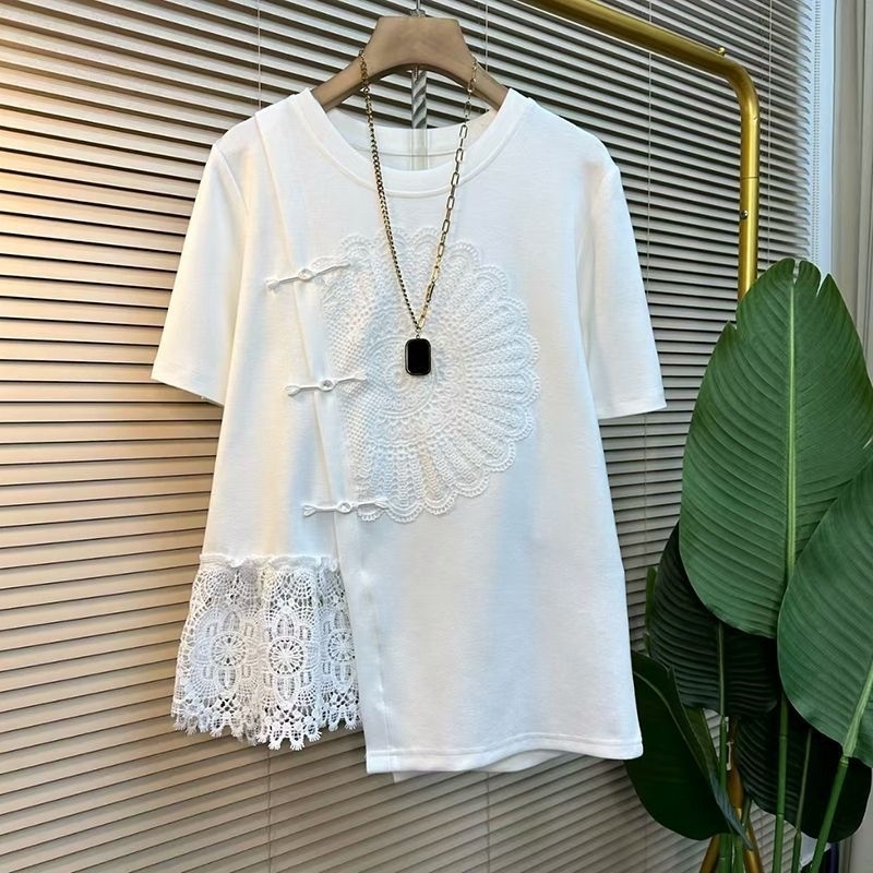 Trend Lace Patchwork Irregular Loose T Shirts Summer Short Sleeve Plus Size Street Casual Tops Fashion Vintage Women Clothing 260416BJ