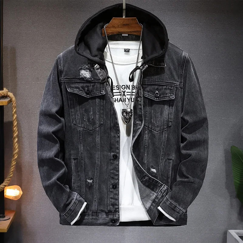 Spring Autumn Fashion Mens Casual Trendy Washed Grey Jeans Jacket Coat Hole Patched Detachable Hat Hooded Denim Coat Male 260416BJ