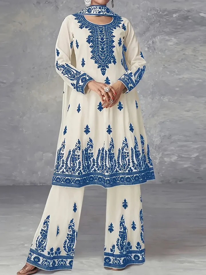 Vintage Middle Eastern Embroidered Kurta Set Women's Plus Size Ankle Length Acetate Pants Waist Belt Top 8c