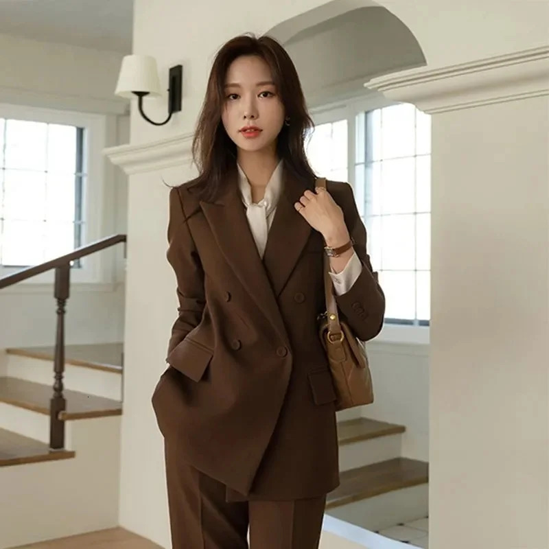 Office Ladies Women Suits Office Sets 2025 Turn Down Collar Double Breasted Long Sleeve Blazer Solid Harem Pant Suits 260414BJ