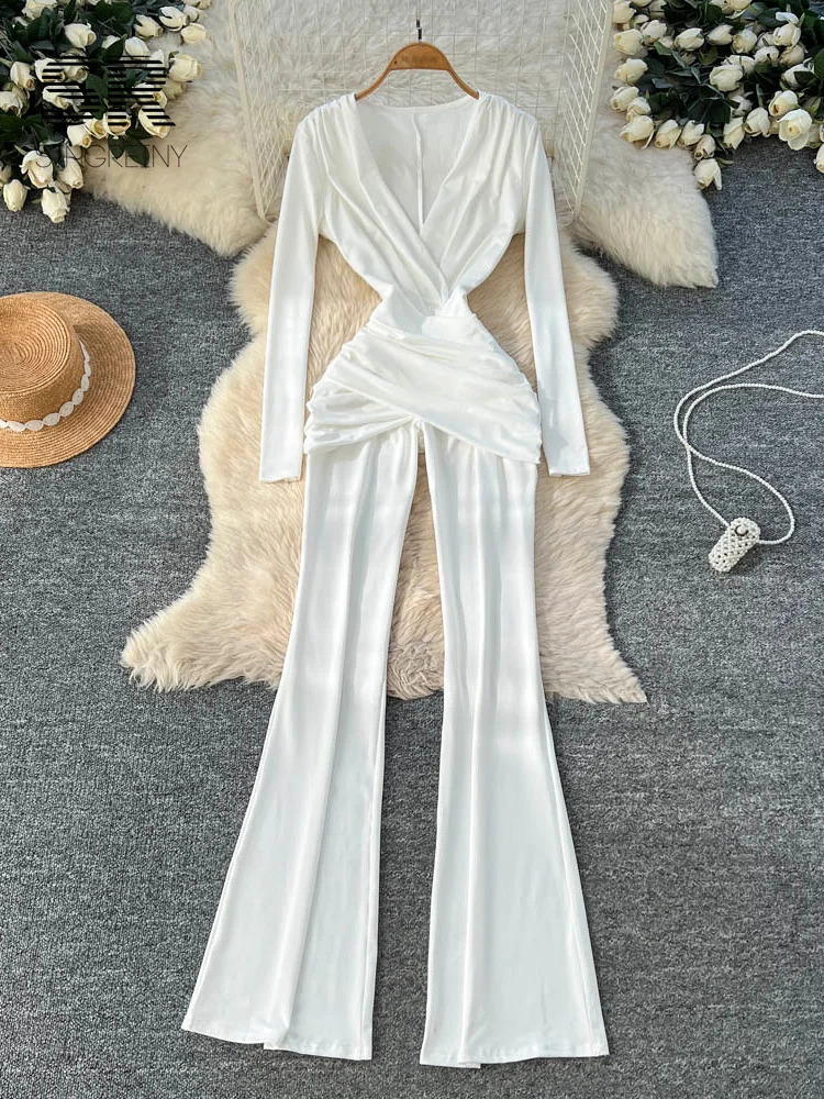 SINGREINY Minimalist Office Lady Jumpsuits Women Deep V Neck Slim Pleated High Waist American Fashion Glamorous Wide Leg Rompers 260416BJ